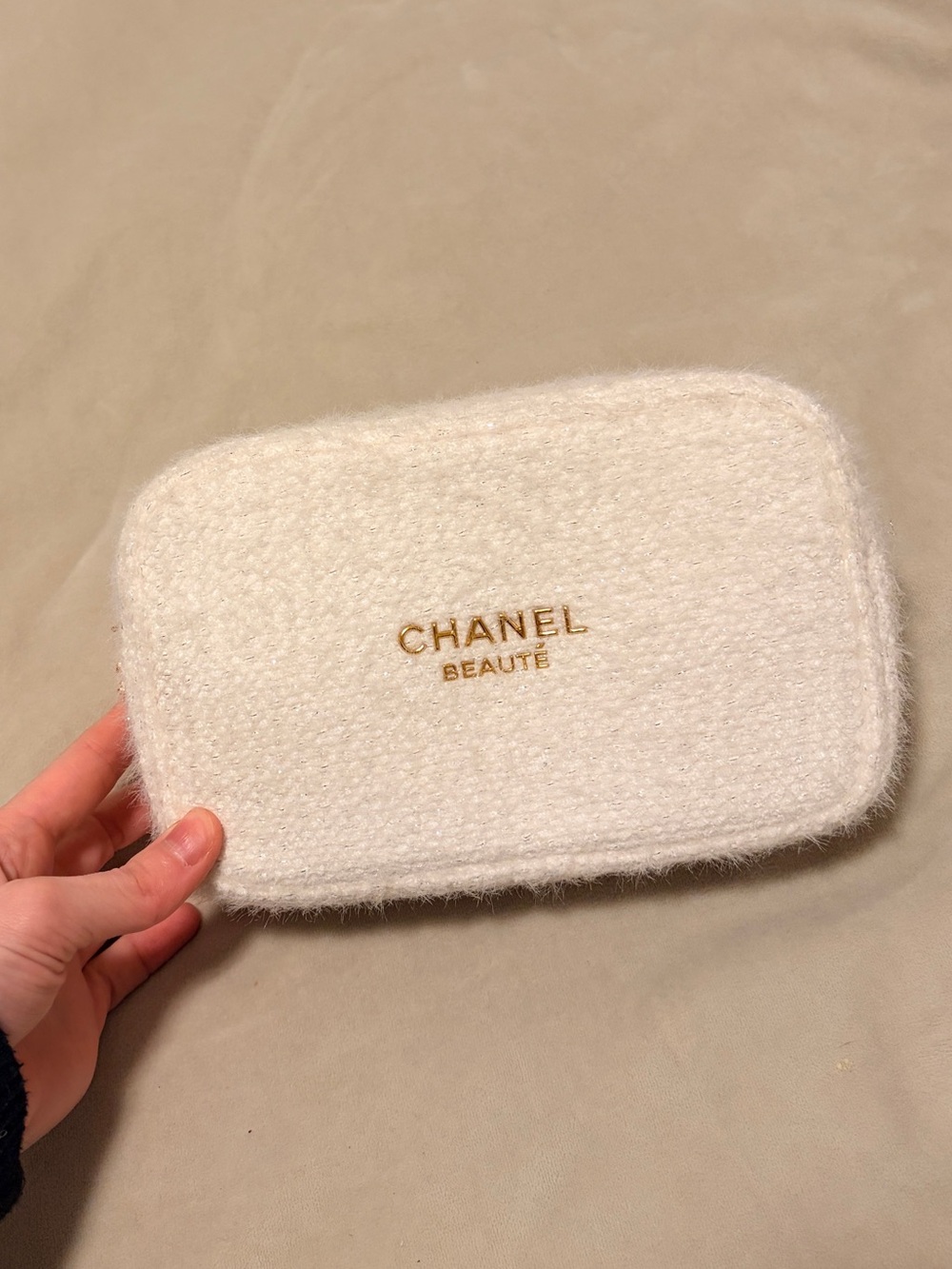 CHANEL Cream Textured Cosmetic Case with Gold Logo